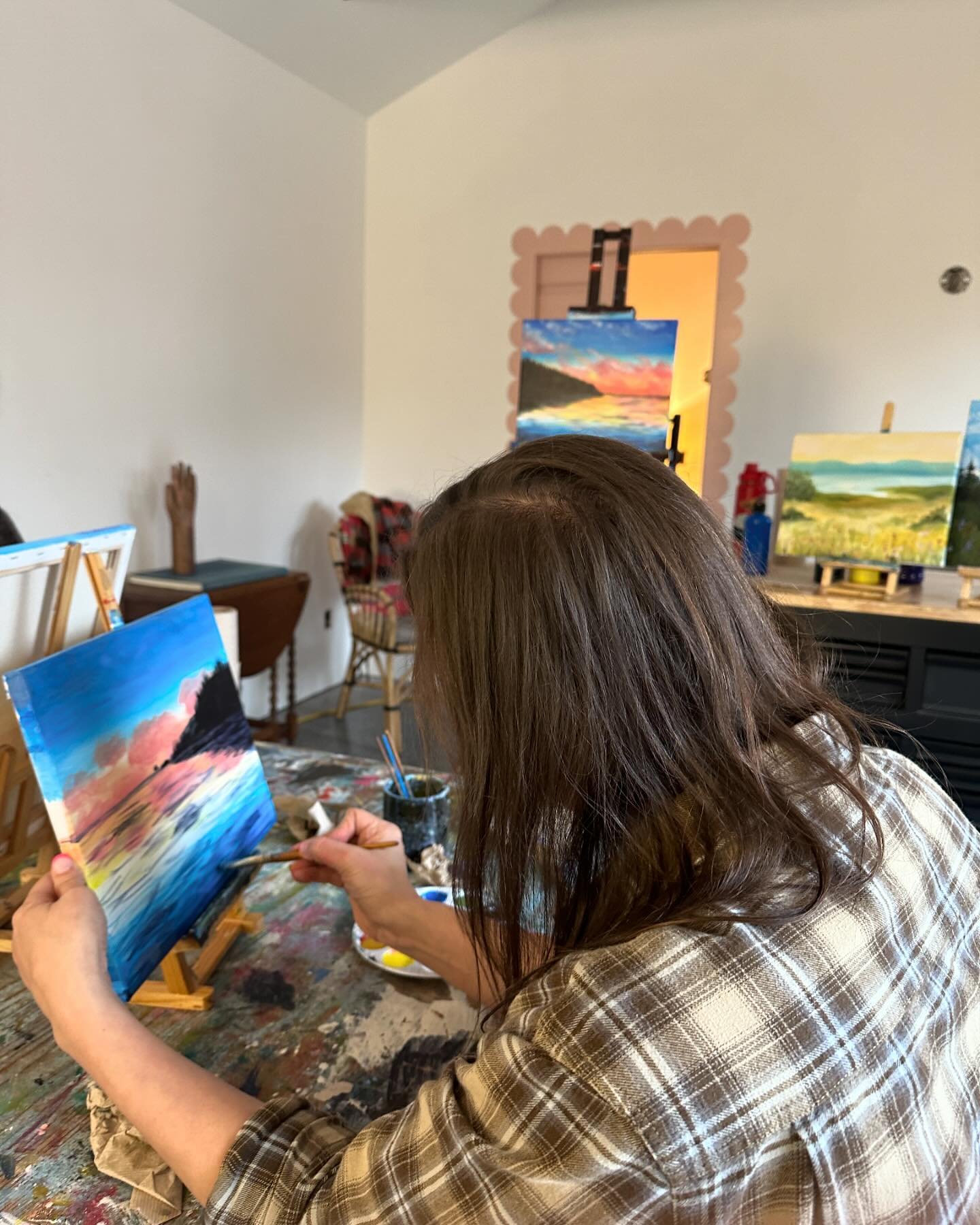 Sometimes you get a class that decides they want to go rouge and you end up with a new painting! I&rsquo;m super in love with my hot pink clouds! 💕

Keep an eye out for this vibrant coastline class June! I&rsquo;ll be adding it to the calendar soon!