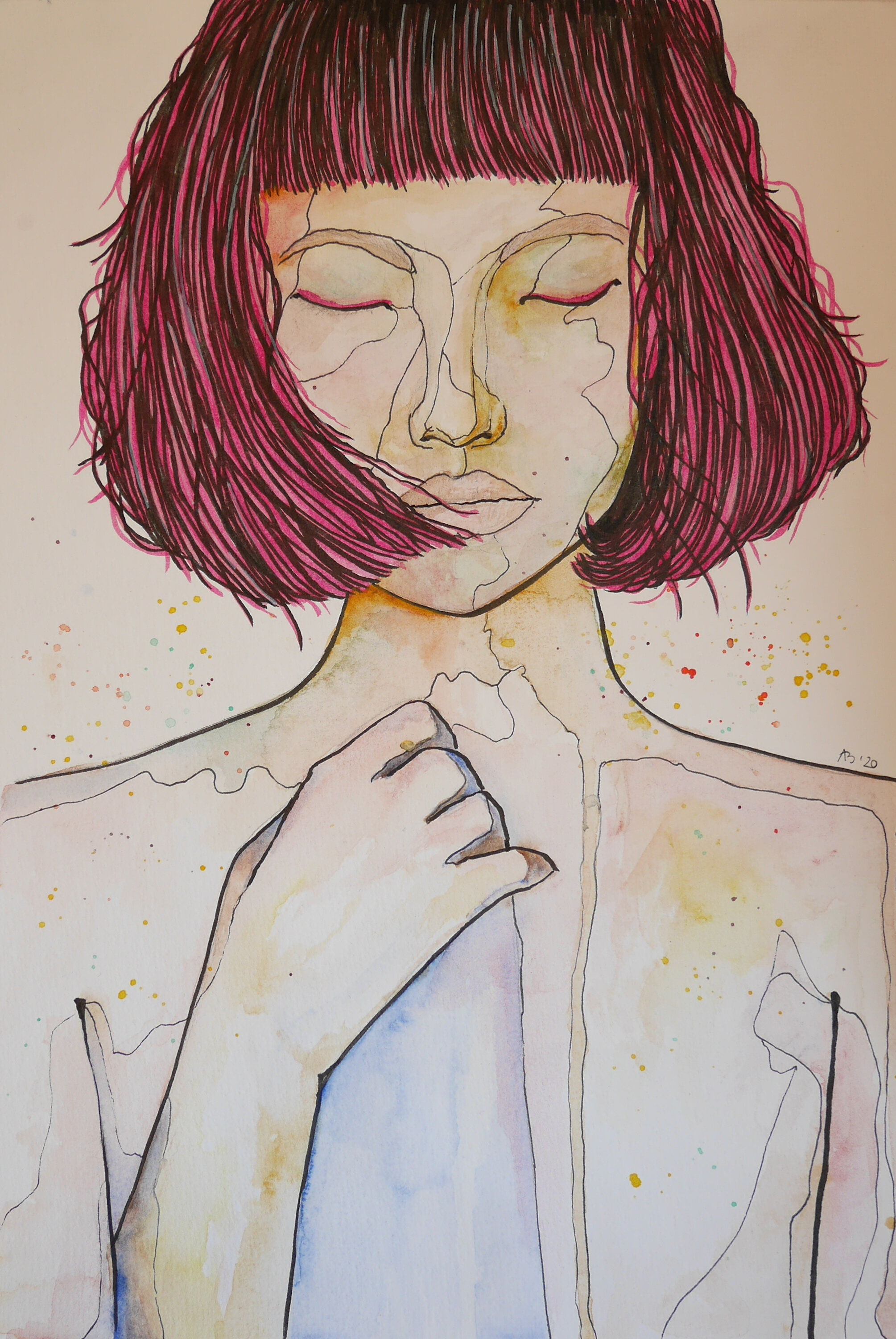 Porträt einer jungen, hellhäutigen Frau in Aquarell und Fineliner. Sie hat einen leuchtend pinken Bob, die Augen geschlossen, hält ein Tuch in ihrer vor die Brust erhobene Hand.