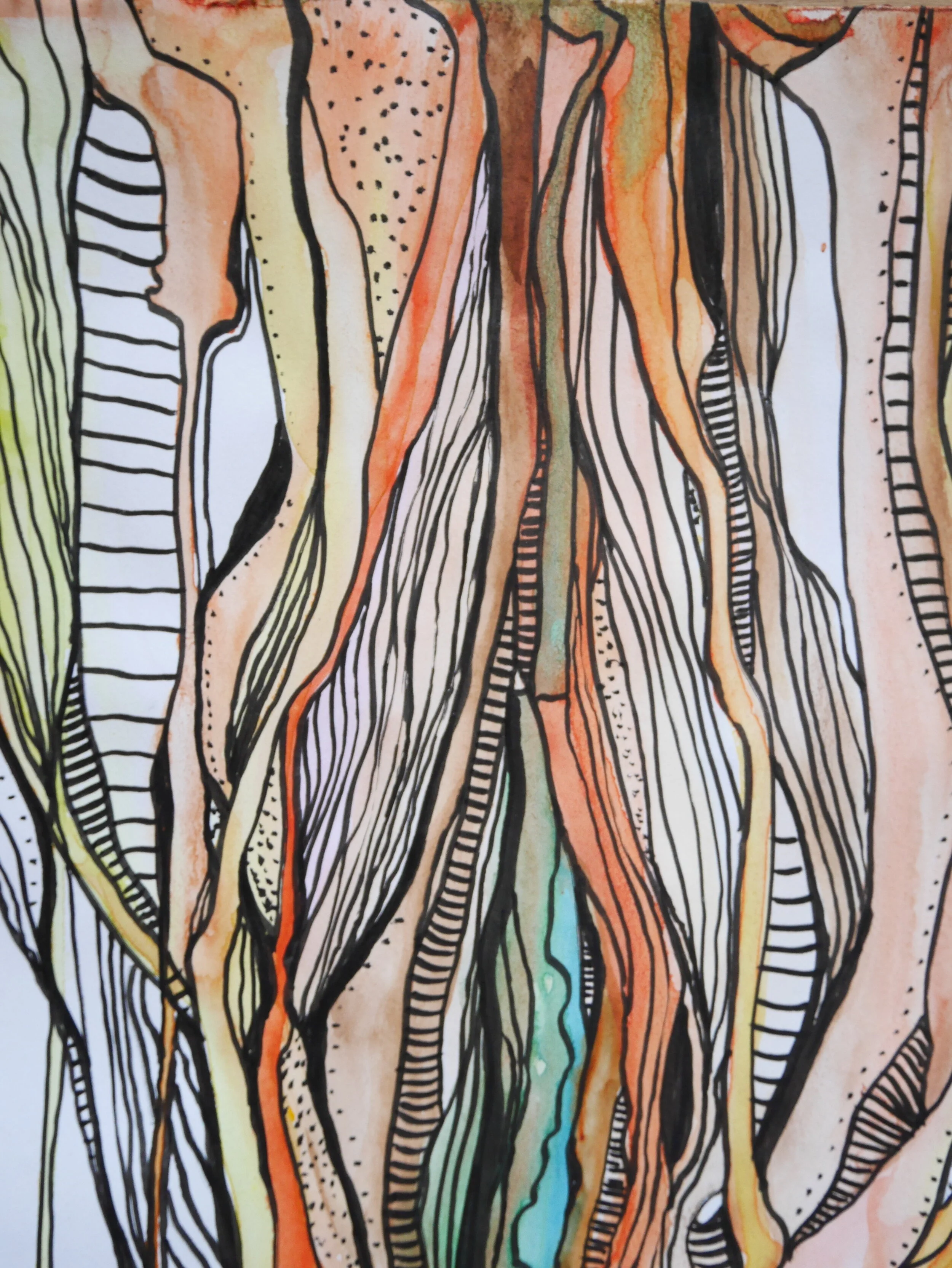 eine abstrakte Zeichnung vorwiegend in Orange- udn Gelbtönen, mit starken schwarzen Linien und Mustern. Insgesamt etwas vulvaförmig.