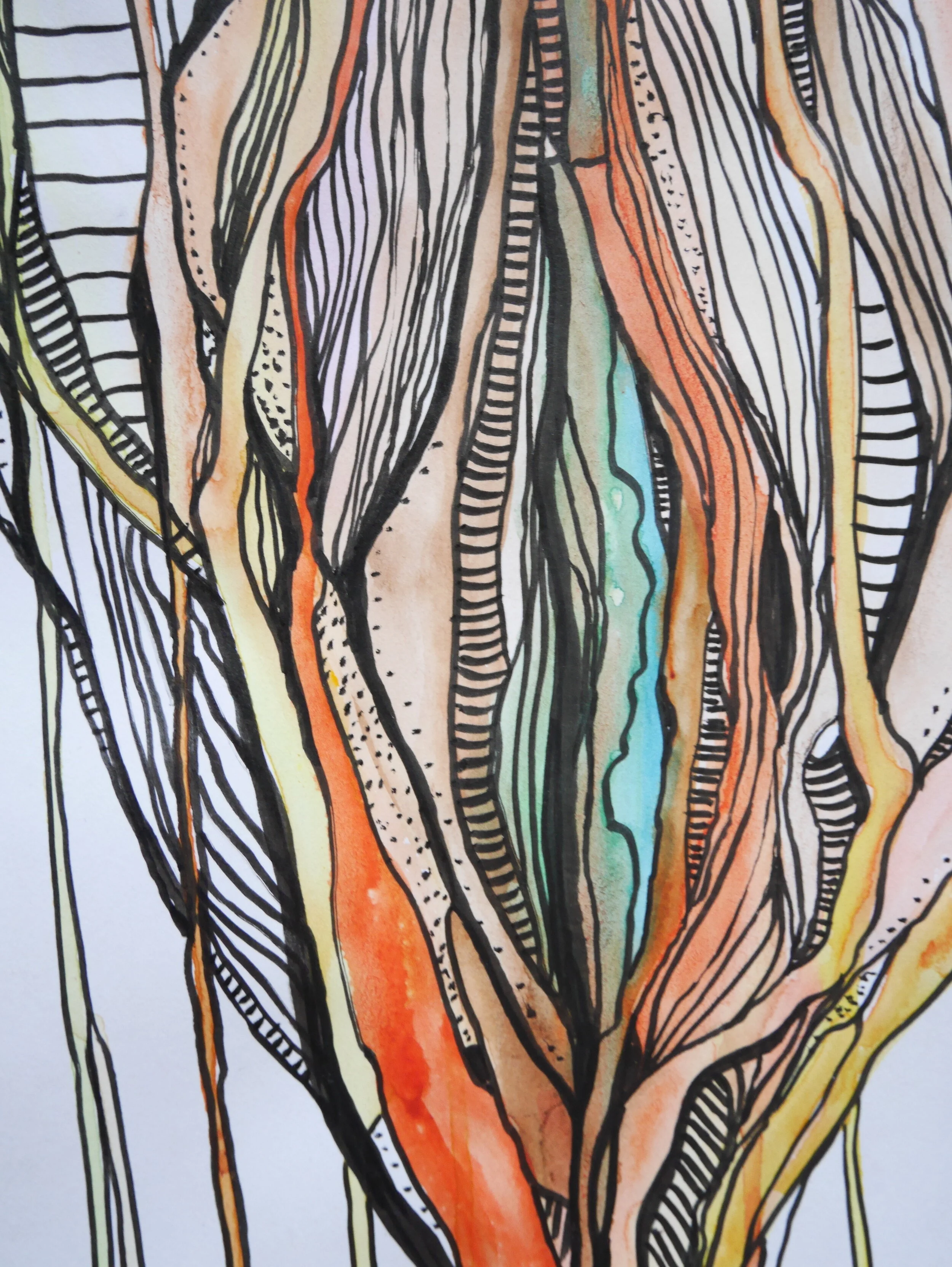 eine abstrakte Zeichnung vorwiegend in Orange- udn Gelbtönen, mit starken schwarzen Linien und Mustern. Insgesamt etwas vulvaförmig.