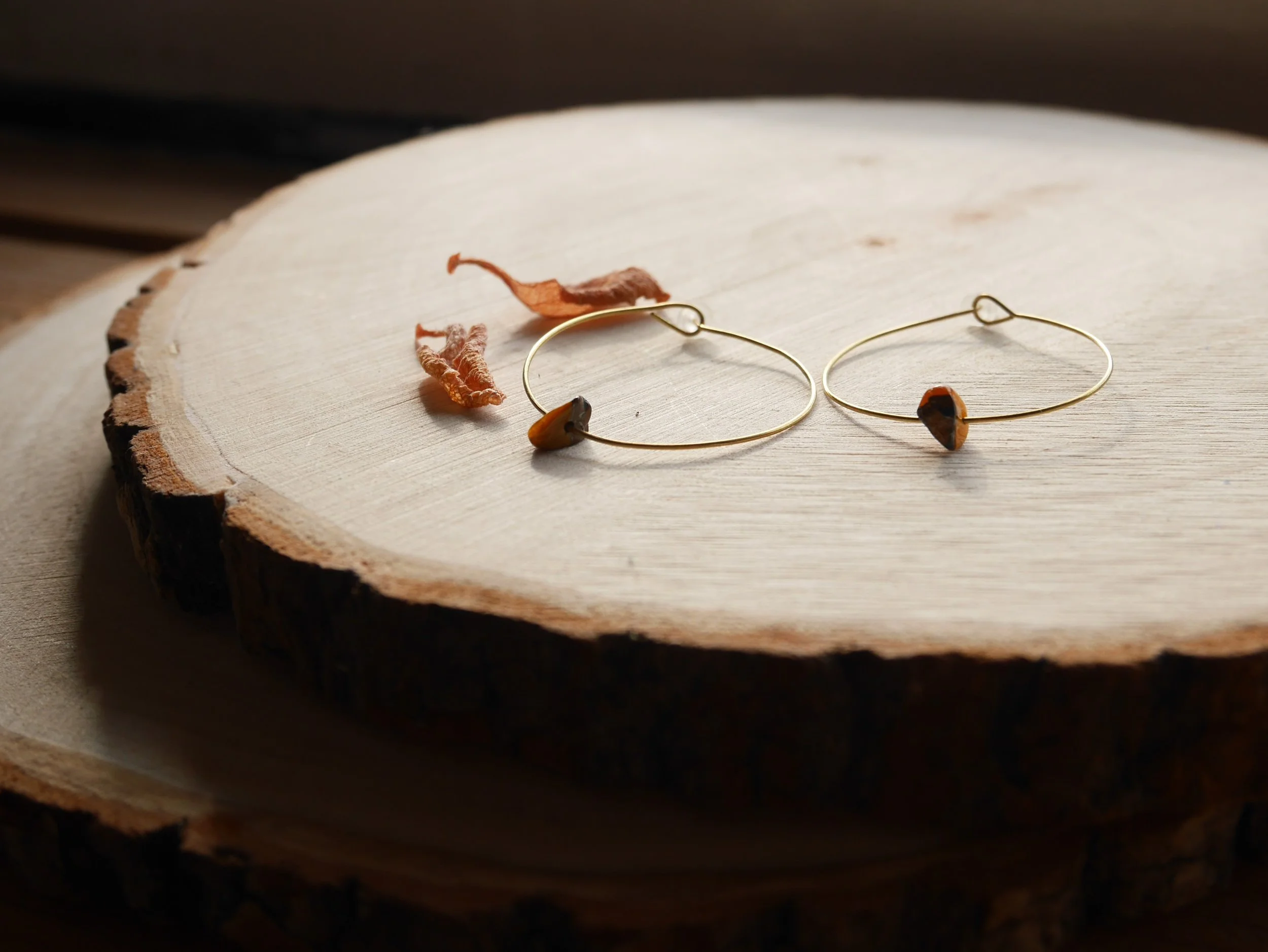 goldene Creolen mit kleinen braun-orangen Edelsteinsplittern