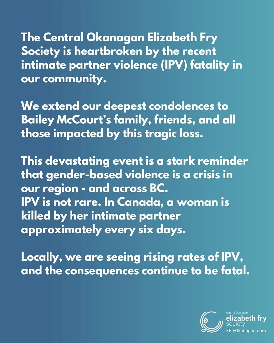 Our team is heartbroken by the recent intimate partner violence (IPV) fatality in our community.

We extend our deepest condolences to Bailey McCourt&rsquo;s family, friends, and all those impacted by this tragic loss.

This devastating event is a st