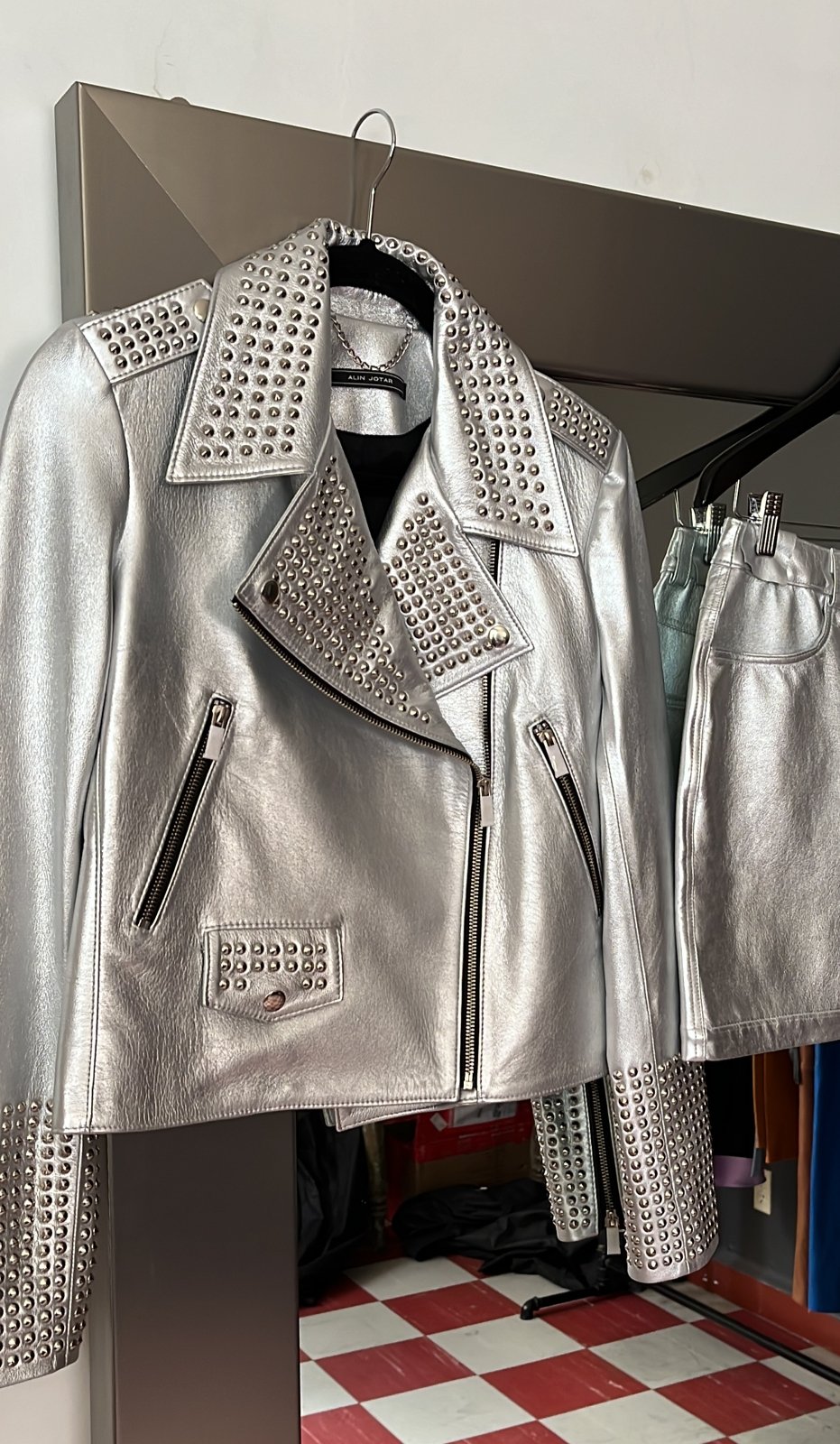 SILVER METALLIC STUDDED LEATHER JACKET