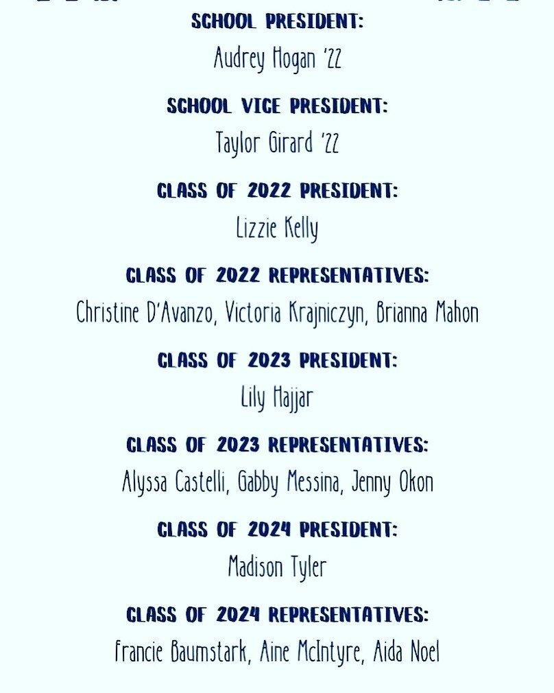 Here are the Holy Child US Student Government leaders for the 2021-2022 school year! Congratulations! Elections for the MS and Grade 9 will take place in the fall. #studentgov @holychildrye