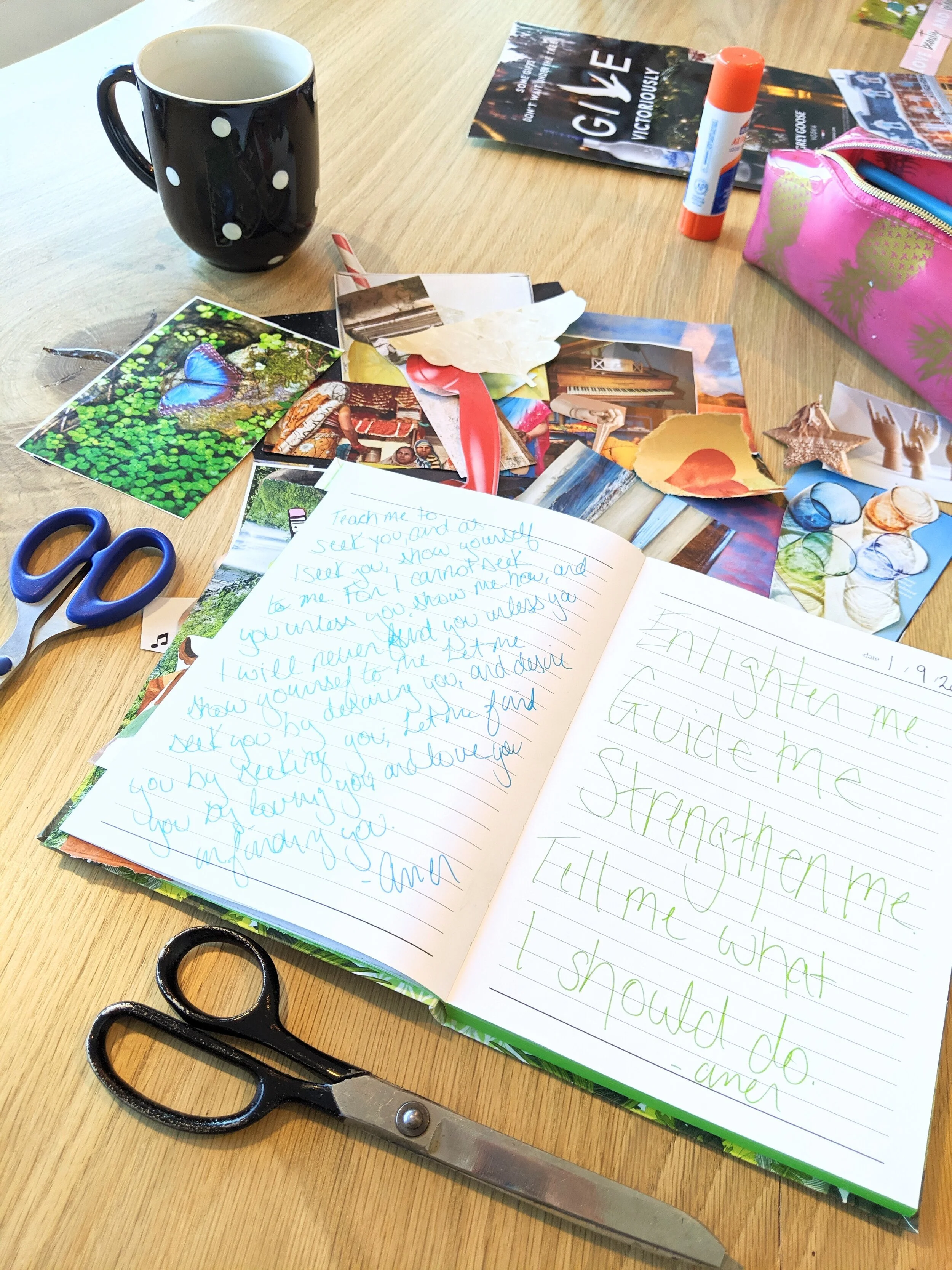 I like to write a prayer and or quotes on my board/pages before I start cutting things out.