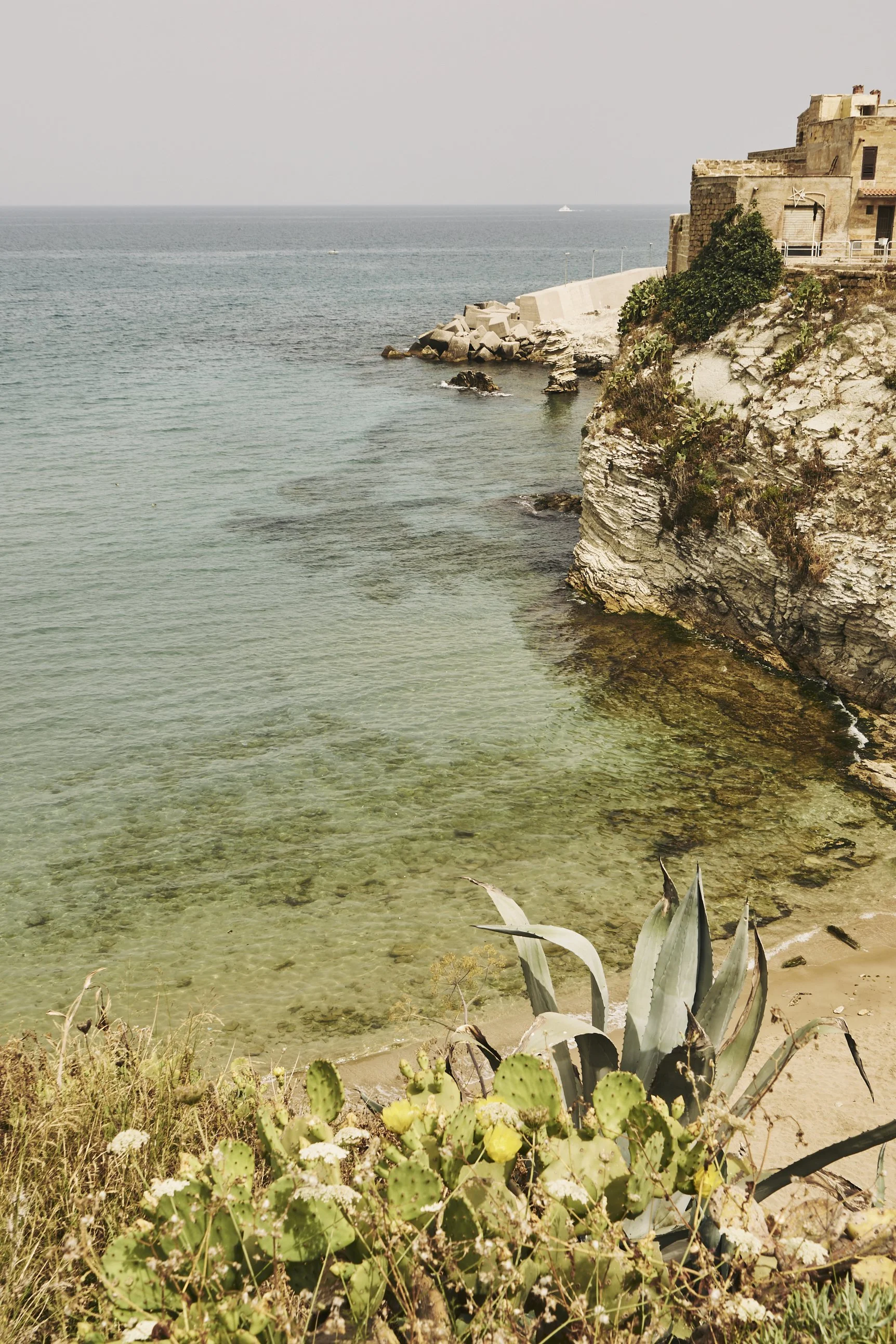 Coastal landscape with rocky cliff, clear turquoise water, seaside plants, and old buildings.