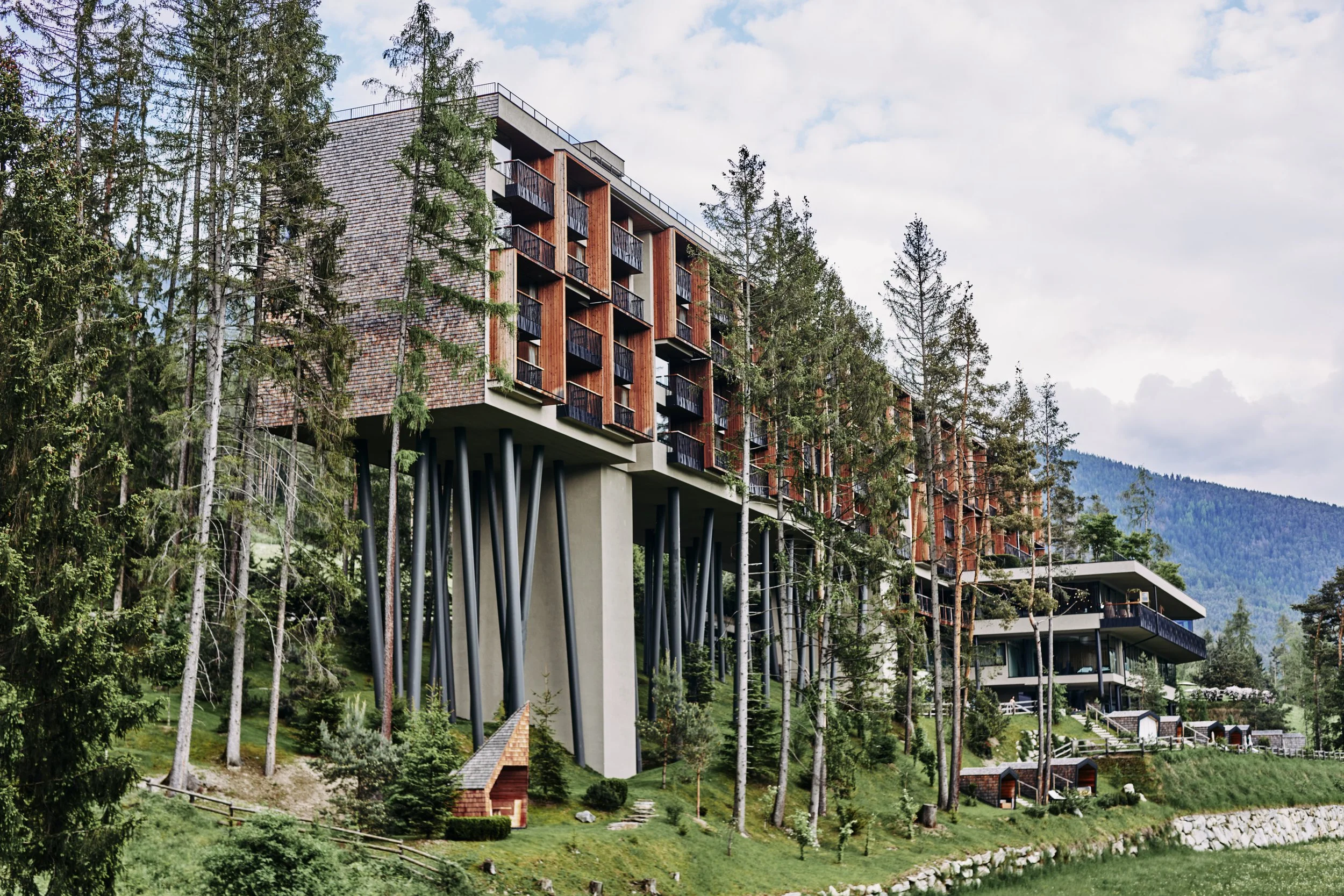 Elevated modern building with wood and glass facade on stilts amidst tall trees and green landscape, with mountains in the background.