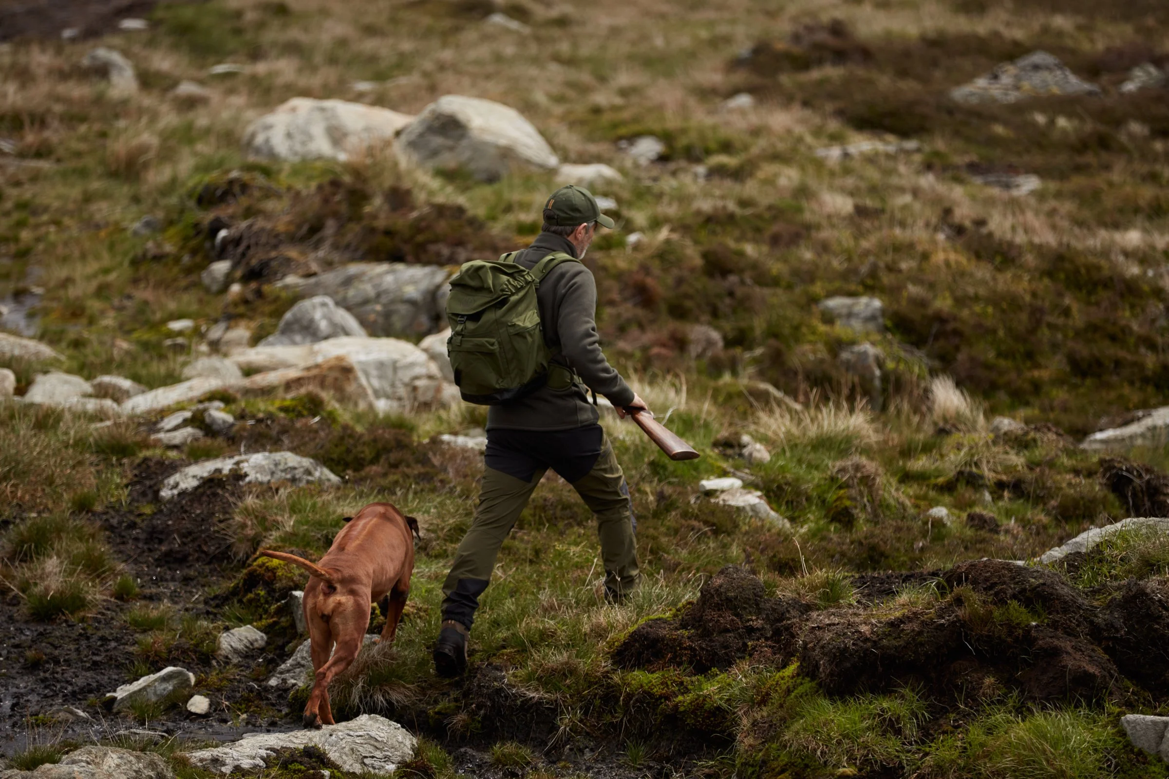 A person with a backpack and hat walking with a brown dog in a grassy, rocky outdoor setting.