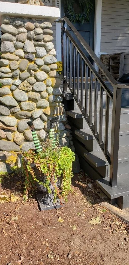 Front door entry custom black metal handrail