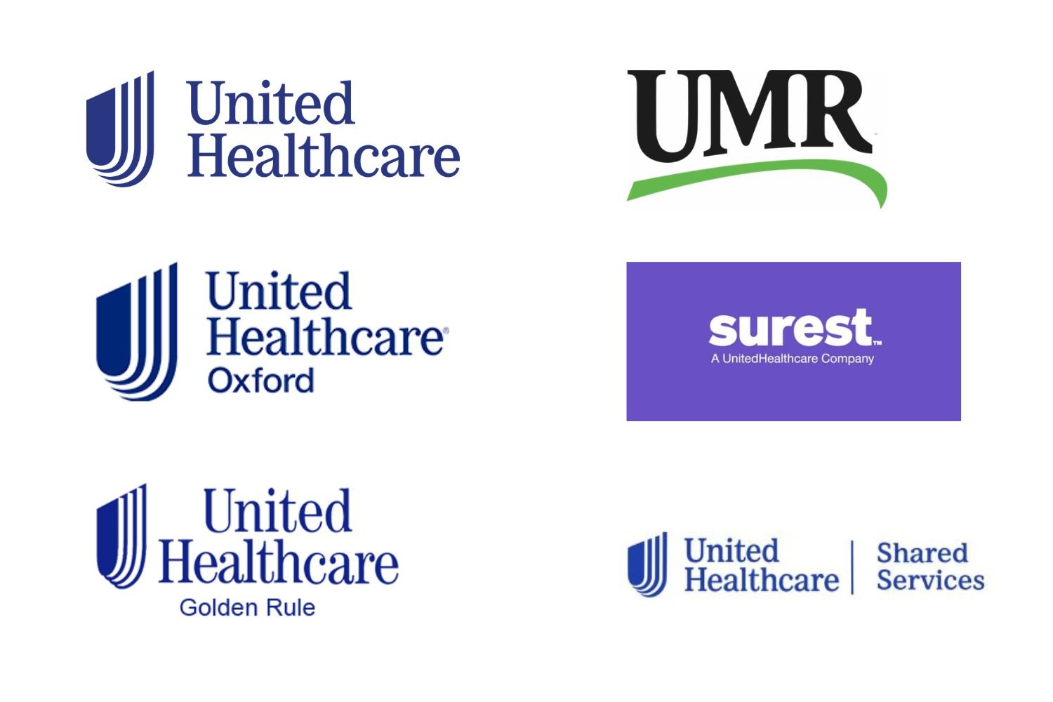 Logos of UnitedHealthcare insurance plans accepted by Lactation Loop, including UnitedHealthcare, UMR, UnitedHealthcare Oxford, Surest, UnitedHealthcare Golden Rule, and United Healthcare Shared Services.