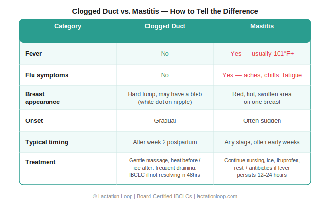 Clogged duct vs mastitis comparison chart — symptoms, onset, and treatment differences explained by Lactation Loop IBCLCs