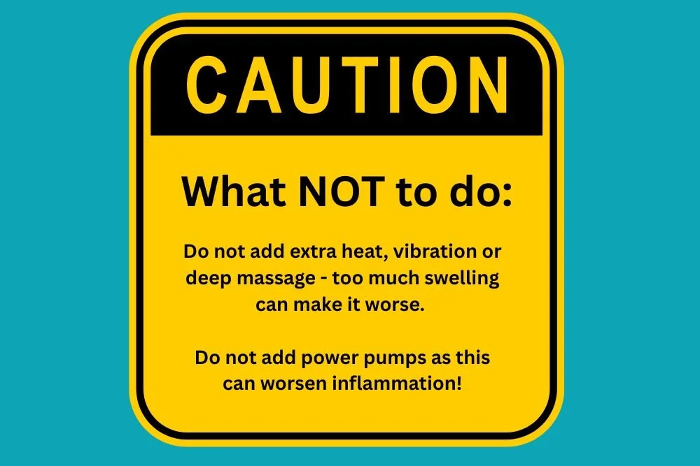 Caution graphic for mastitis and clogged ducts — do not add heat vibration or deep massage, do not power pump — from Lactation Loop IBCLC