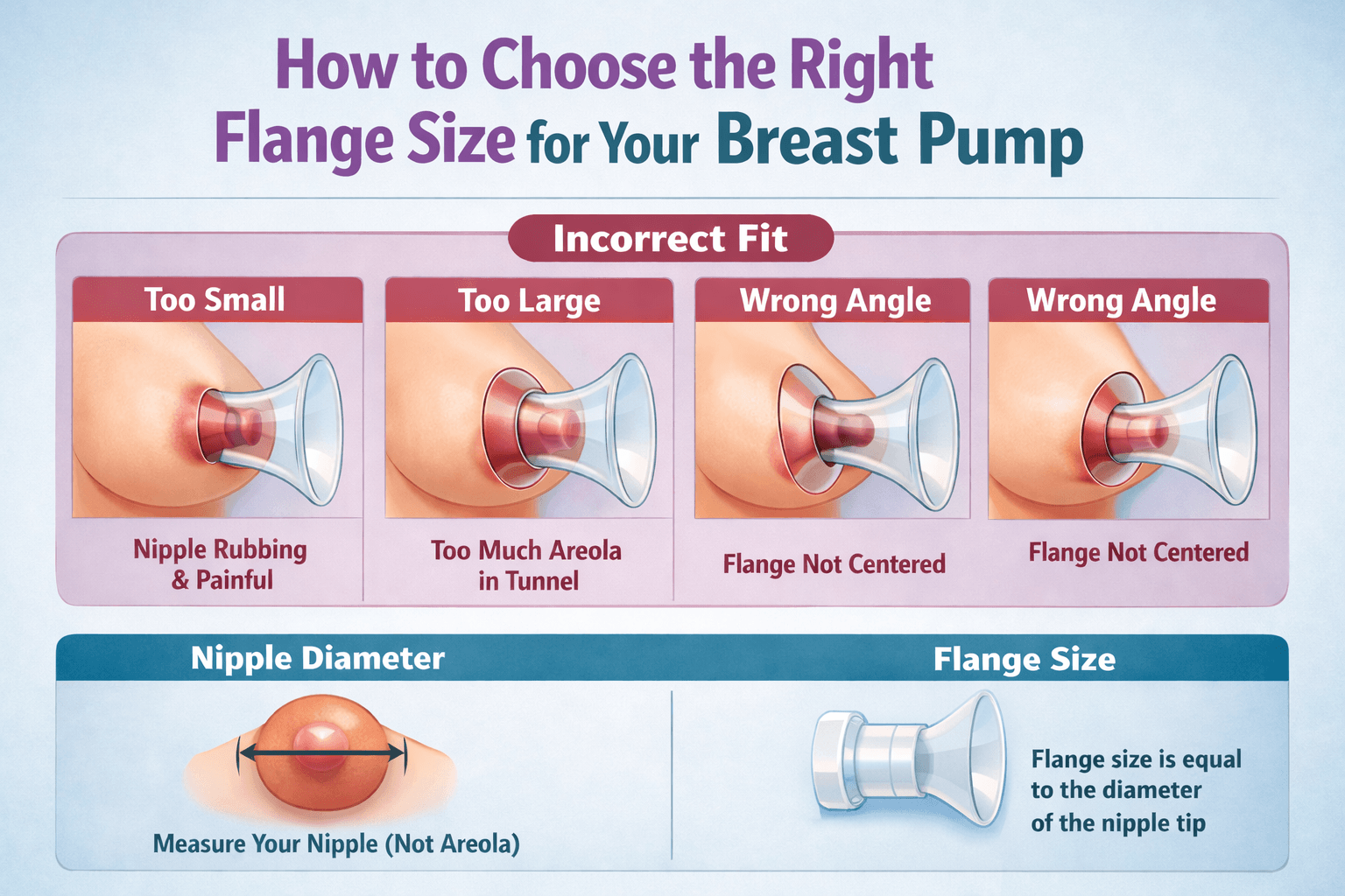 Breast pump flange sizing guide showing correct and incorrect fit — too small, too large, wrong angle — from Lactation Loop IBCLC