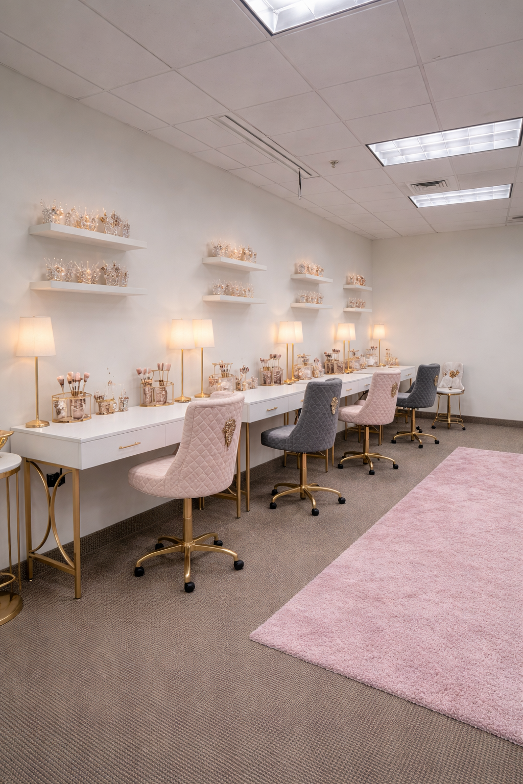 A princess makeover workspace with a long white vanity desk, decorated with pink and gray quilted chairs, pink lamps, and various small objects, with white shelves holding princess tiaras, and a pink rug on beige carpet.