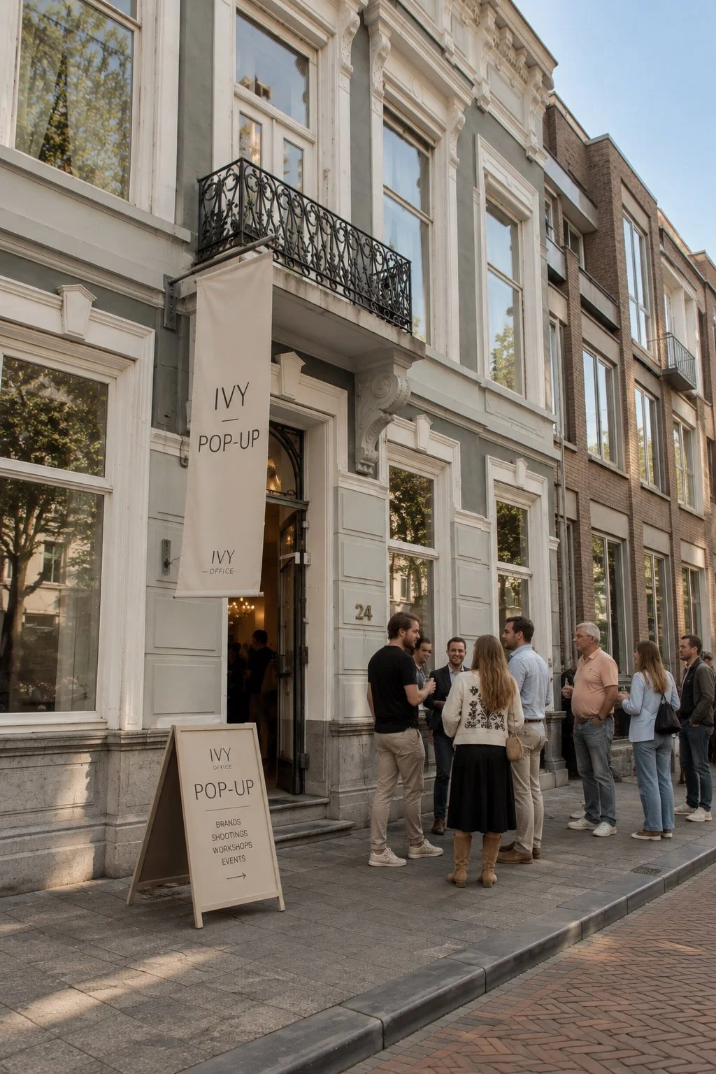 Een deuropening met dubbele historische houten deuren, openstaand, met een lichte kamer of gang erachter. De deuren zijn wit met grijze details en metalen sloten. Ruimte bij Ivy Office.