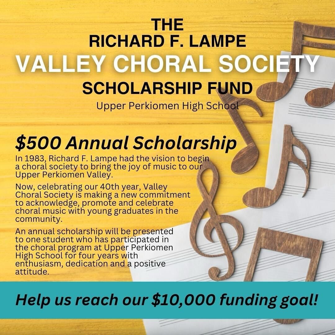 We are nearly halfway funded! 🎉 The final funding total will be announced at our 40th Anniversary Gala on April 27th!

Visit www.valleychoralsociety.com/scholarship for more information and to make your pledge!