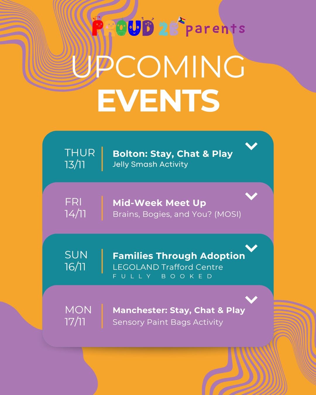 🌈 What&rsquo;s On This Week with Proud 2 b Parents!

We&rsquo;ve got a fun-filled week of events bringing our LGBT+ parent, carer, and family community together! 💙💗🤍

✨ Mon 13 Nov &mdash; Bolton: Stay, Chat &amp; Play (Jelly Smash)
🕐 1:00&ndash;