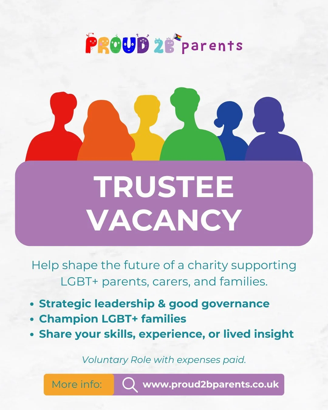 🌈 Help shape a fairer future for LGBT+ families 🌈

We&rsquo;re looking for a new Trustee to join Proud 2 b Parents. If you&rsquo;re passionate about reducing health inequalities and improving outcomes for LGBT+ parents, carers, and children &mdash;