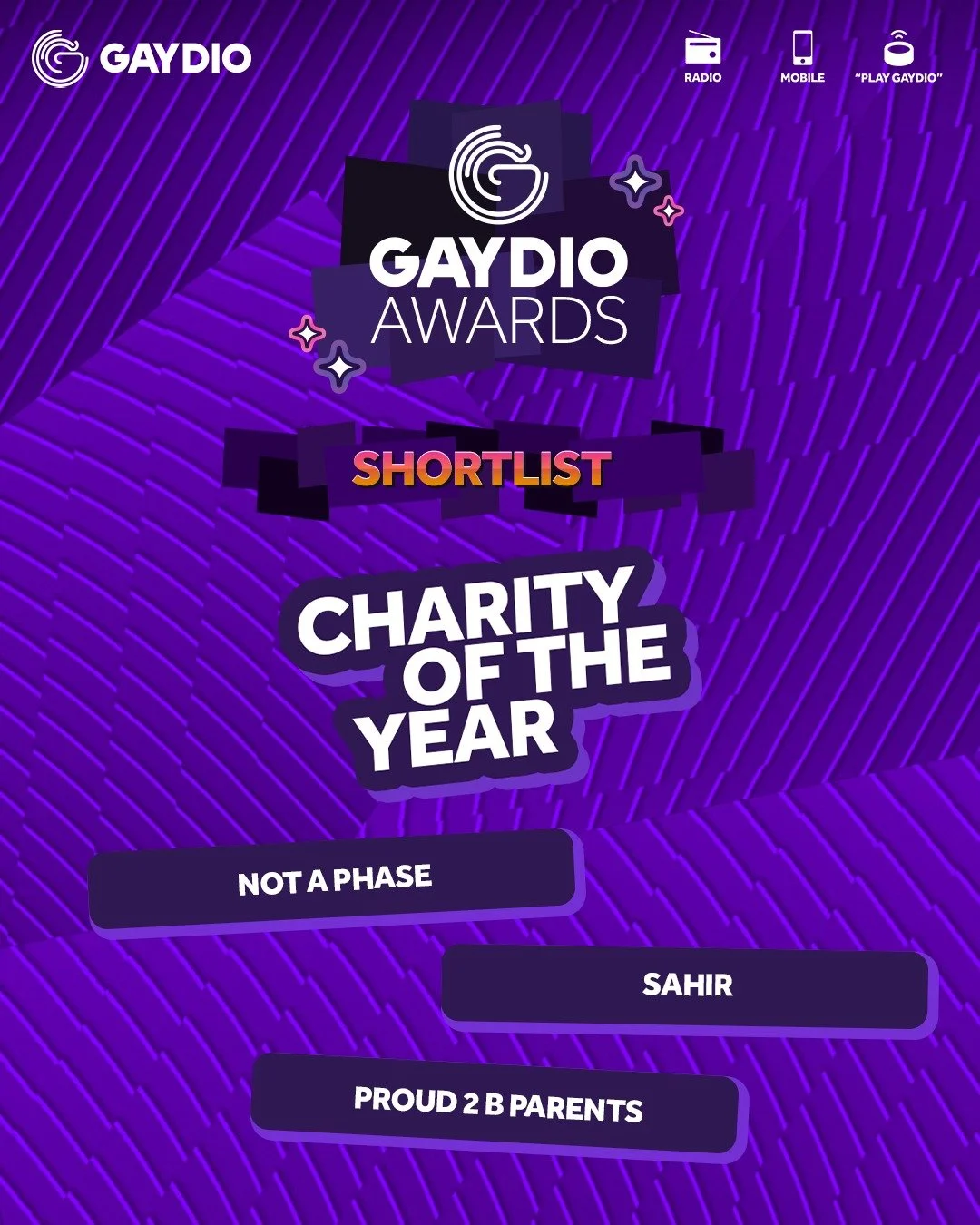 🏆 Big news! Proud 2 b Parents has been shortlisted by @gaydio  for Charity of the Year!

2025 was a milestone year &mdash; we became a registered charity and grew our support for LGBT+ families across the UK. From creating safe, affirming spaces to 