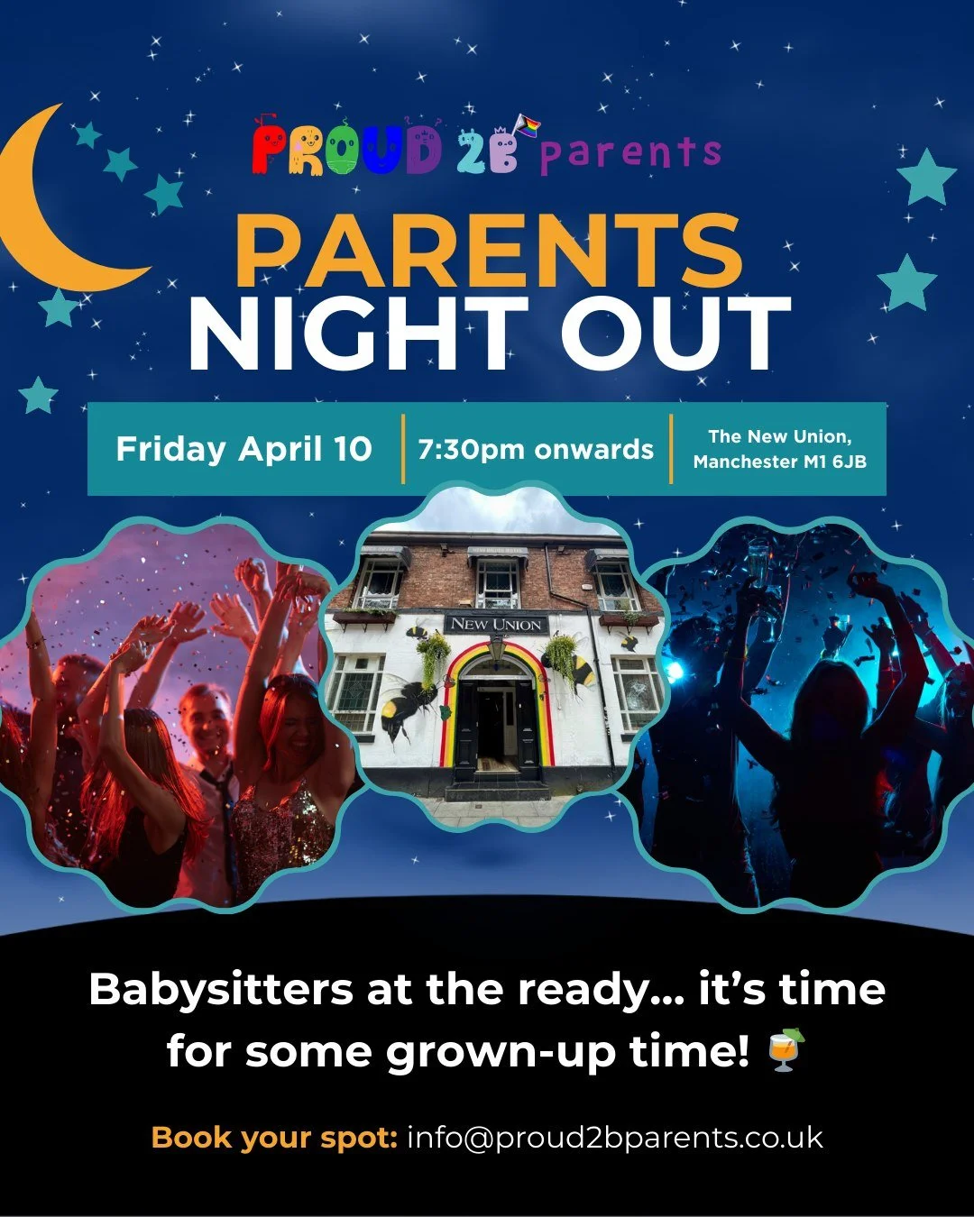 🌈✨ SAVE THE DATE! ✨🌈
LGBTQ+ Parents &amp; Carers Night Out is back! 🎉

🍼 Babysitters ready? 🍸 It&rsquo;s time for some grown-up fun!

📅 Friday 10th April
⏰ From 7:30pm
📍 The New Union, 111 Princess Street, Manchester M1 6JB
🎟️ Free | 18+

💬 