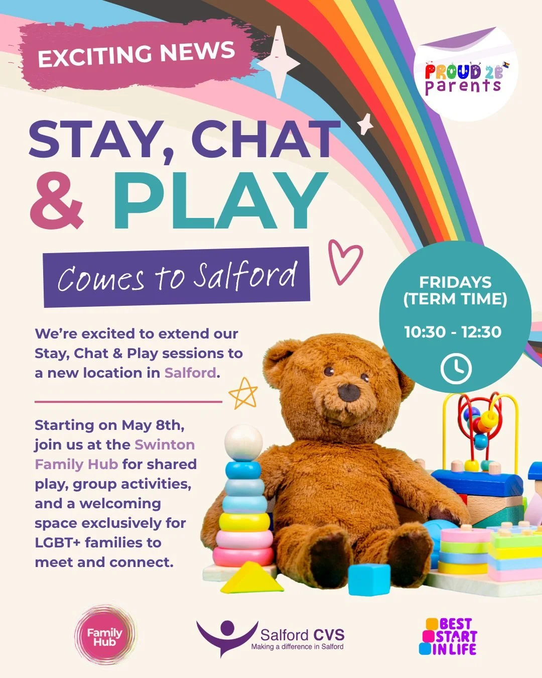 Big news for our community 💛

We&rsquo;re excited to share that Proud 2 b Parents has been commissioned by @salfordcvs to bring Stay, Chat &amp; Play to a new location in Salford &mdash; alongside our existing sessions in Bolton and Manchester.

📍 