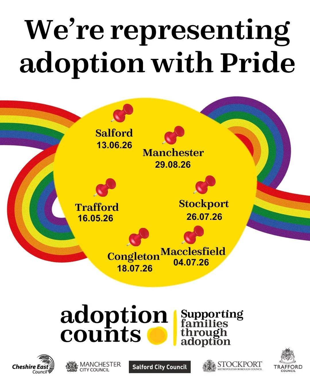 @adoption_counts_uk will be at various Pride events this summer across the five local authorities they cover. It's a chance to chat to their team, ask questions around adoption and, if you're already one of their LGBT+ families, go and say hi! 👋

Ad