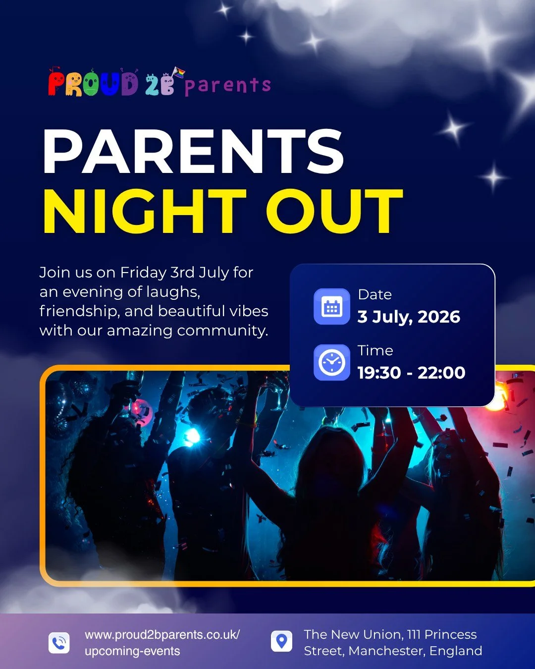 🌈 LGBTQ+ Parents Night Out 🌈

Join us on 3 July for an evening of laughs, friendship, drinks, and dancing with our amazing community.

🍹 Good conversation
✨ Queer joy
💃 Dancing if you fancy it

📍 The New Union, Manchester
⏰ From 7:30pm
🎟️ Free 