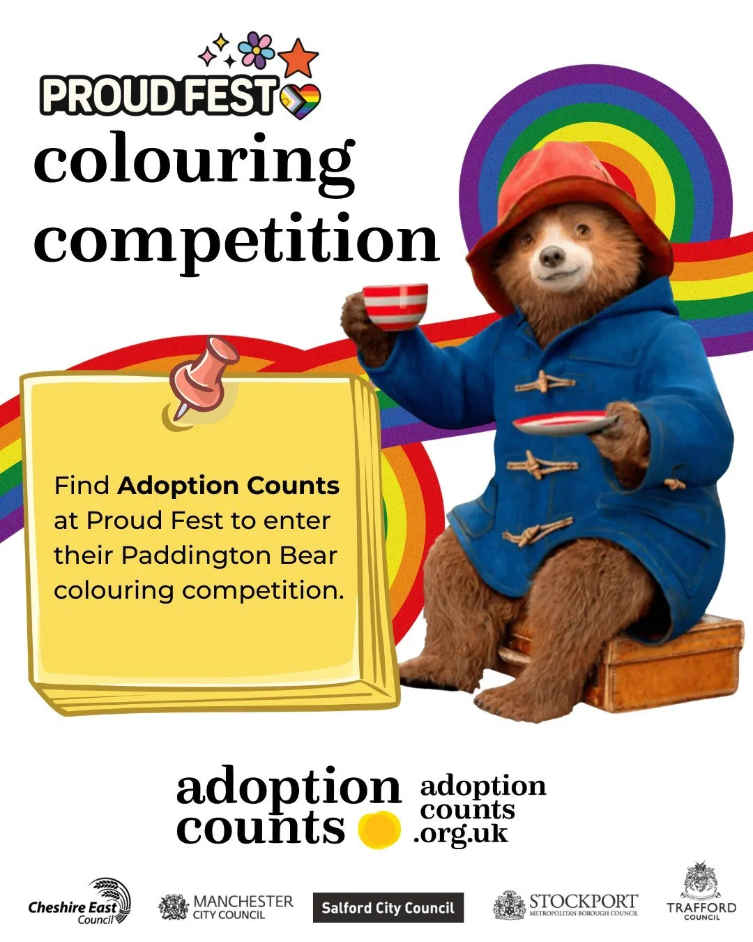 @adoption_counts_uk will be at @proudfestmcr  and this year they will be running a colouring competition for all budding young artists, featuring one of their favourite literary adoptees, Paddington Bear!🐻💛

So come and find them on the day to say 