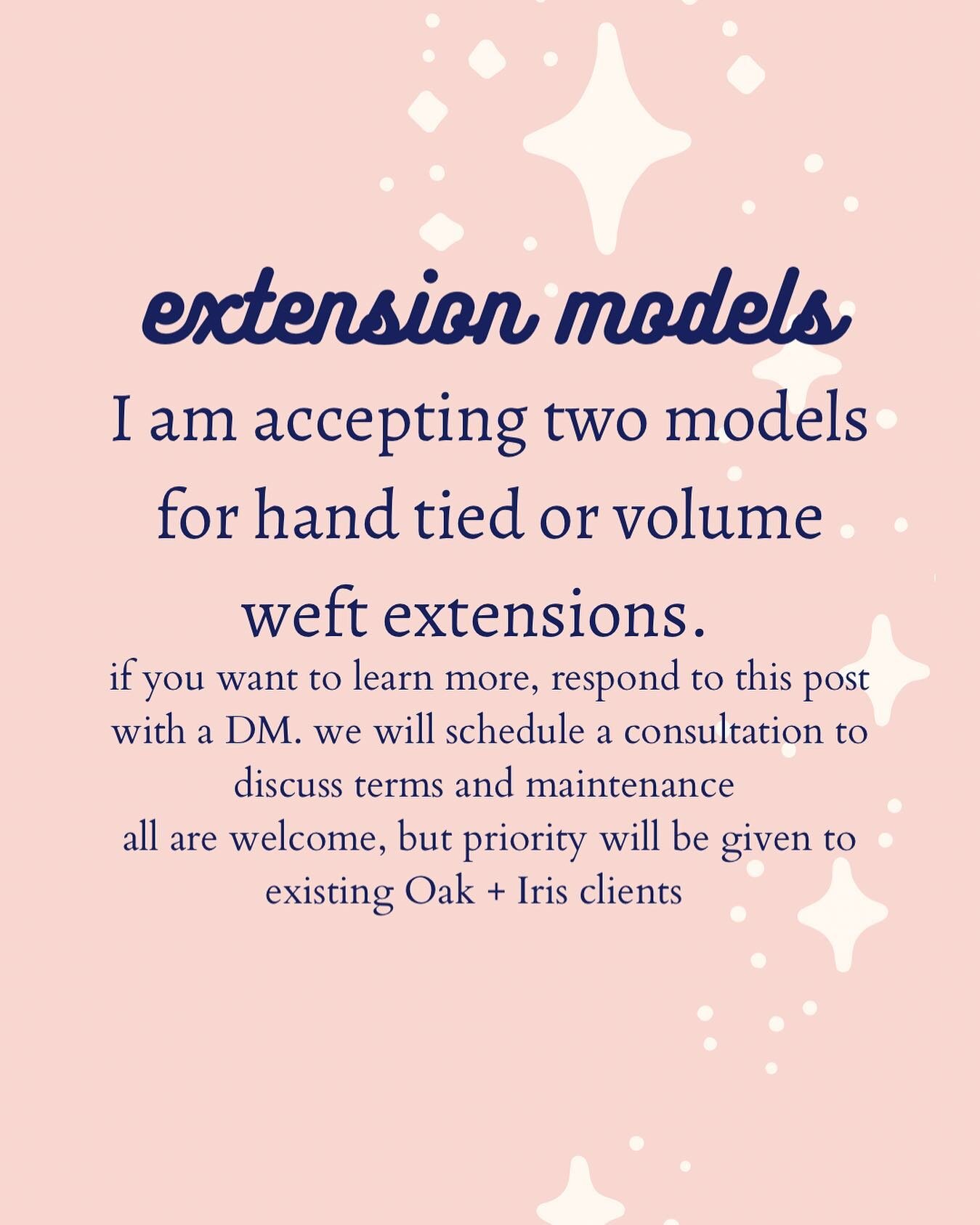 Have you been thinking about hair extensions, but not sure if you&rsquo;re ready for the full investment or maintenance schedule? This is for you! Accepting two models for hand tied or volume weft hair extensions. DM to to schedule a consultation!