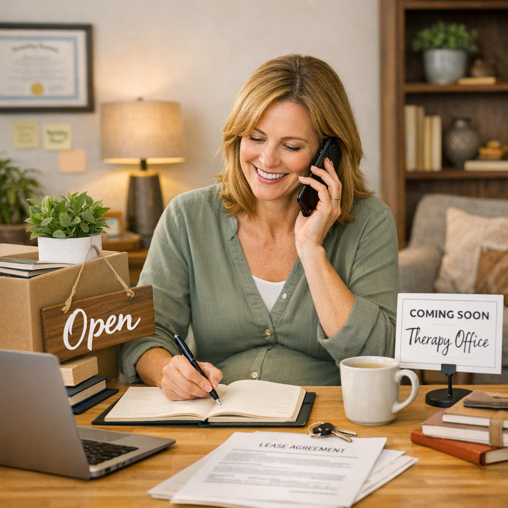 A woman smiling and talking on a landline phone at a desk in a cozy office or home setting. The desk has a laptop, a plant, a sign that reads 'Open', a mug, a sign that says 'Coming Soon Therapy Office', a lease agreement, keys, and several books. In the background, there's a bookshelf, a lamp, framed artwork, and a framed certificate on the wall.