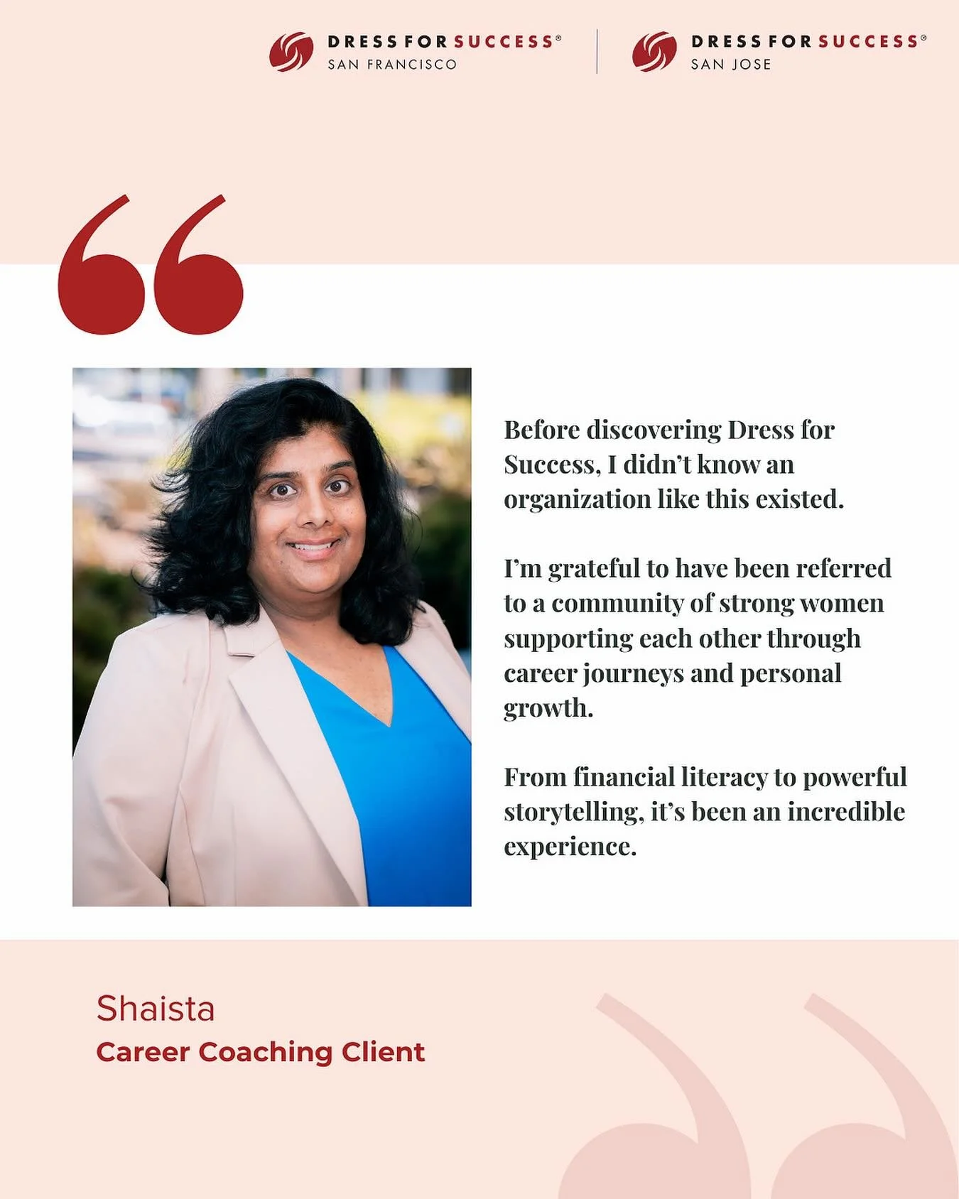 Shaista came to us seeking support and community connection during a challenging career transition. 

She participated in many of our programs, including Virtual Career Coaching, Financial Literacy, and the Tencent America Career Development Bootcamp