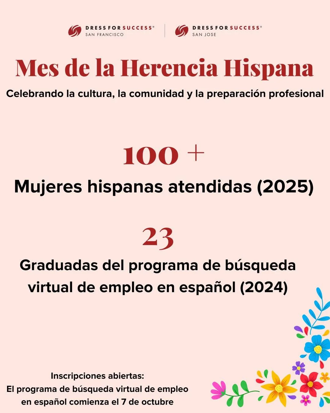 Today and every day, we celebrate the culture and accomplishments of the Hispanic/Latinx community. 

So far in 2025, we&rsquo;ve served 100+ Hispanic women across our programs. In 2024, 23 women graduated from our first-ever Spanish Virtual Job Sear