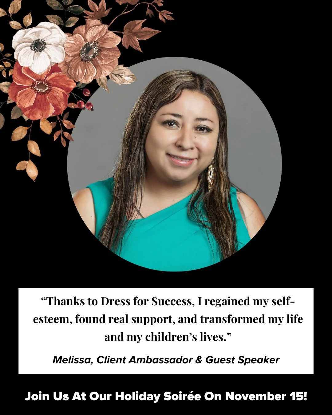 Holiday Soir&eacute;e brings us together to shop, sip, and celebrate. 

But also to listen.

This year, our Client Ambassador, Melissa C. will share her story, reminding us that every ticket, bid, and share helps empower women to achieve economic ind