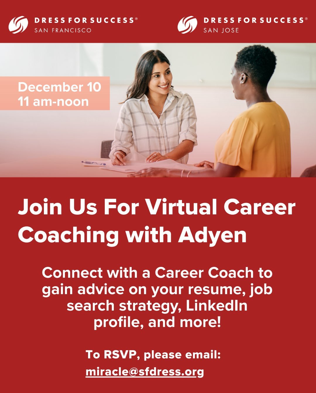 Join us for Virtual Career Coaching with Adyen!

Get personalized advice on your resume, job search strategy, LinkedIn profile, and more.

 📅 Dec. 10
 ⏰ 11 am &ndash; noon

Don't miss this chance to connect with career coaches from a leading fintech