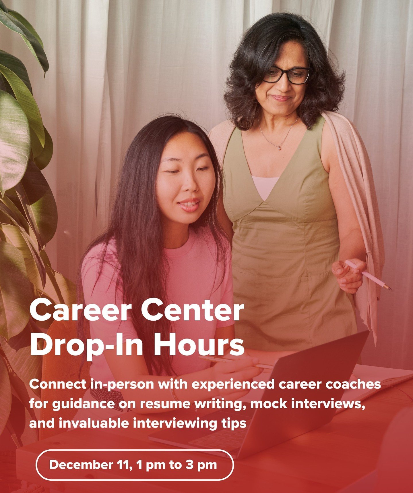 Drop in to our Career Center on Thursday, December 11 from 1 pm to 3 pm! We welcome Bay Area women looking for career support to stop by and connect with our experienced volunteer career coaches in person.

At the Career Center, we provide support an