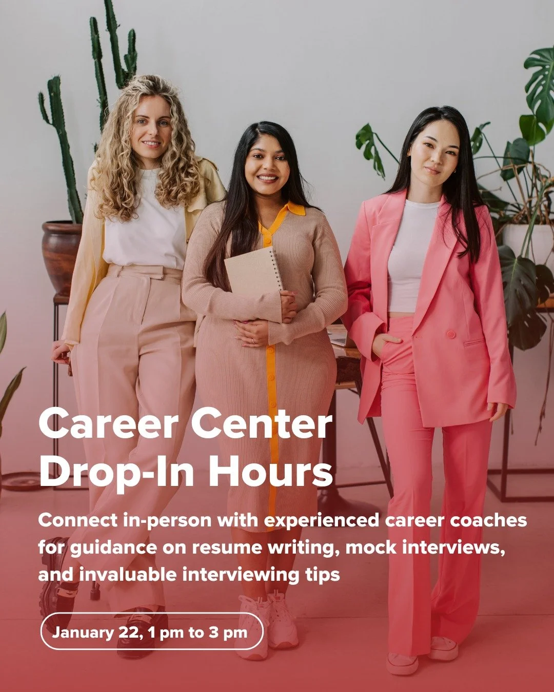 Drop-in hours are back!

Join us at our Career Center on Thursday, January 22 from 1 pm to 3 pm.

We welcome Bay Area women looking for career support to stop by and connect with our experienced volunteer career coaches in person.

At the Career Cent