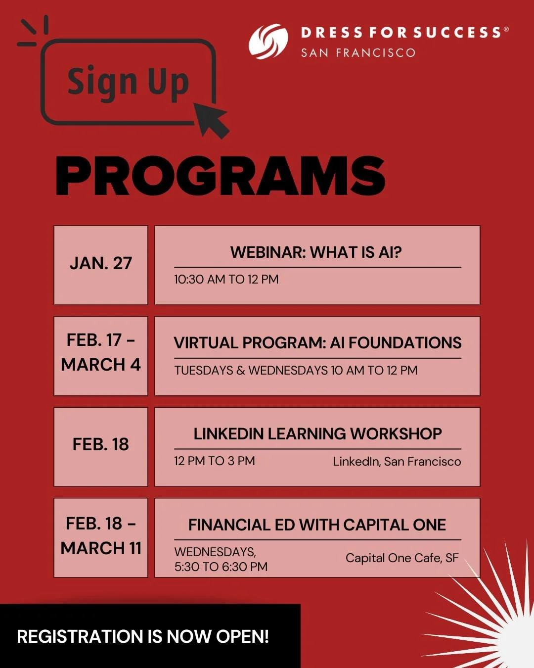 Ready for what's next? Registration is now open for our upcoming programs!

From career support to financial education and new AI learning opportunities, we&rsquo;re here to help you move forward.

👉 Sign up via link in bio or visit our website for 