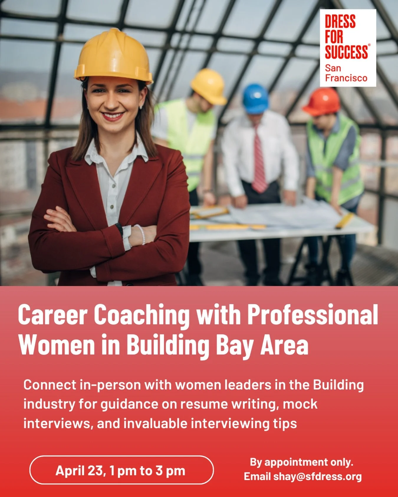 Working toward your next career opportunity?

Join Dress for Success San Francisco for in-person career coaching with Professional Women in Building Bay Area! 

📅 Thursday, April 23
⏰ 1 pm to 3 pm
📍 Dress for Success San Francisco office

During th