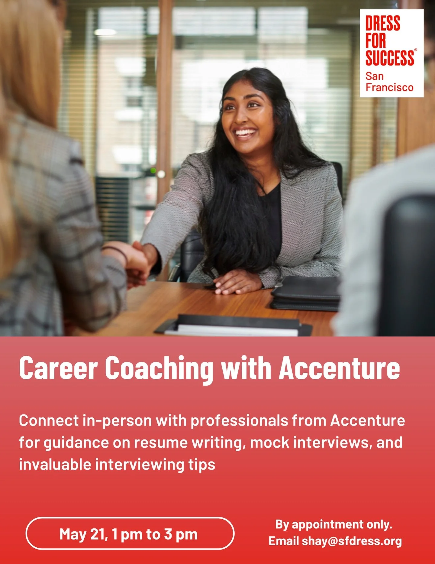 Looking for support in your job search?

Join us for in-person career coaching with professionals from @accenture, designed to help you feel more prepared and confident in your next steps.

Thursday, May 21
1 PM &ndash; 3 PM
Dress for Success San Fra