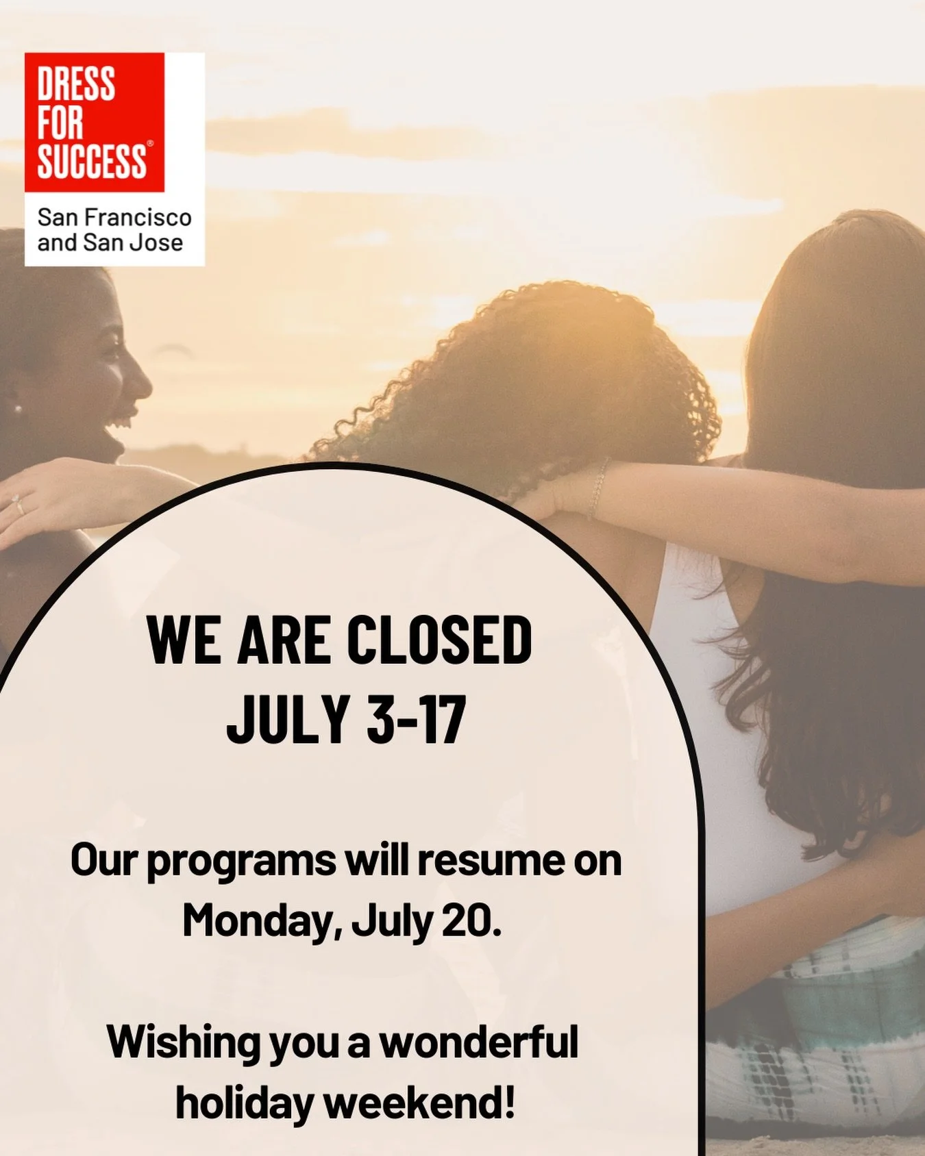A friendly reminder: our programs and services will be on summer break starting tomorrow, July 3 through July 17. 

We&rsquo;ll be back and ready to support you when programs resume on Monday, July 20.

Wishing everyone a wonderful holiday weekend. ?