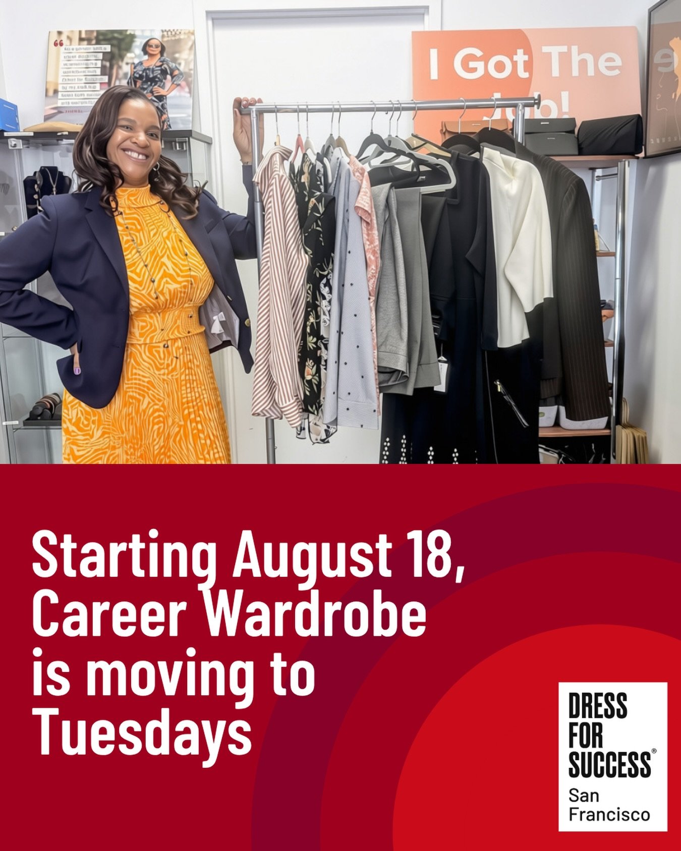 Our Career Wardrobe program in San Francisco is changing days. 🗓️ Starting August 18, we&rsquo;re moving from Wednesdays to Tuesdays.

Everything else stays the same: complete our intake form, choose a morning (10 am&ndash;12 pm) or afternoon (1:30 