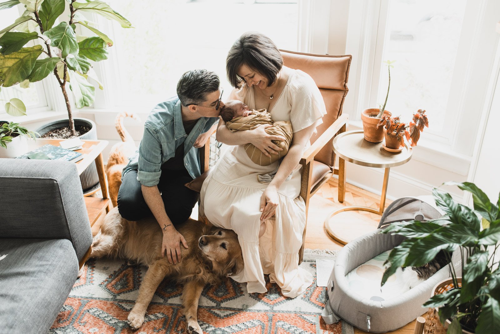 lgbtq couple at home in amsterdam with baby and pets