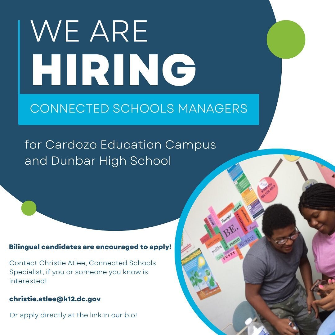 Do you want to have a powerful impact in a school community? We are hiring Connected Schools Managers for @cardozo_ec and @dunbardc! See the link in our bio to apply!