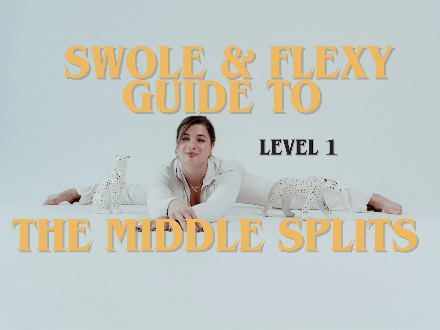 Woman doing the middle split wearing white advertising how to learn the middle splits for beginners