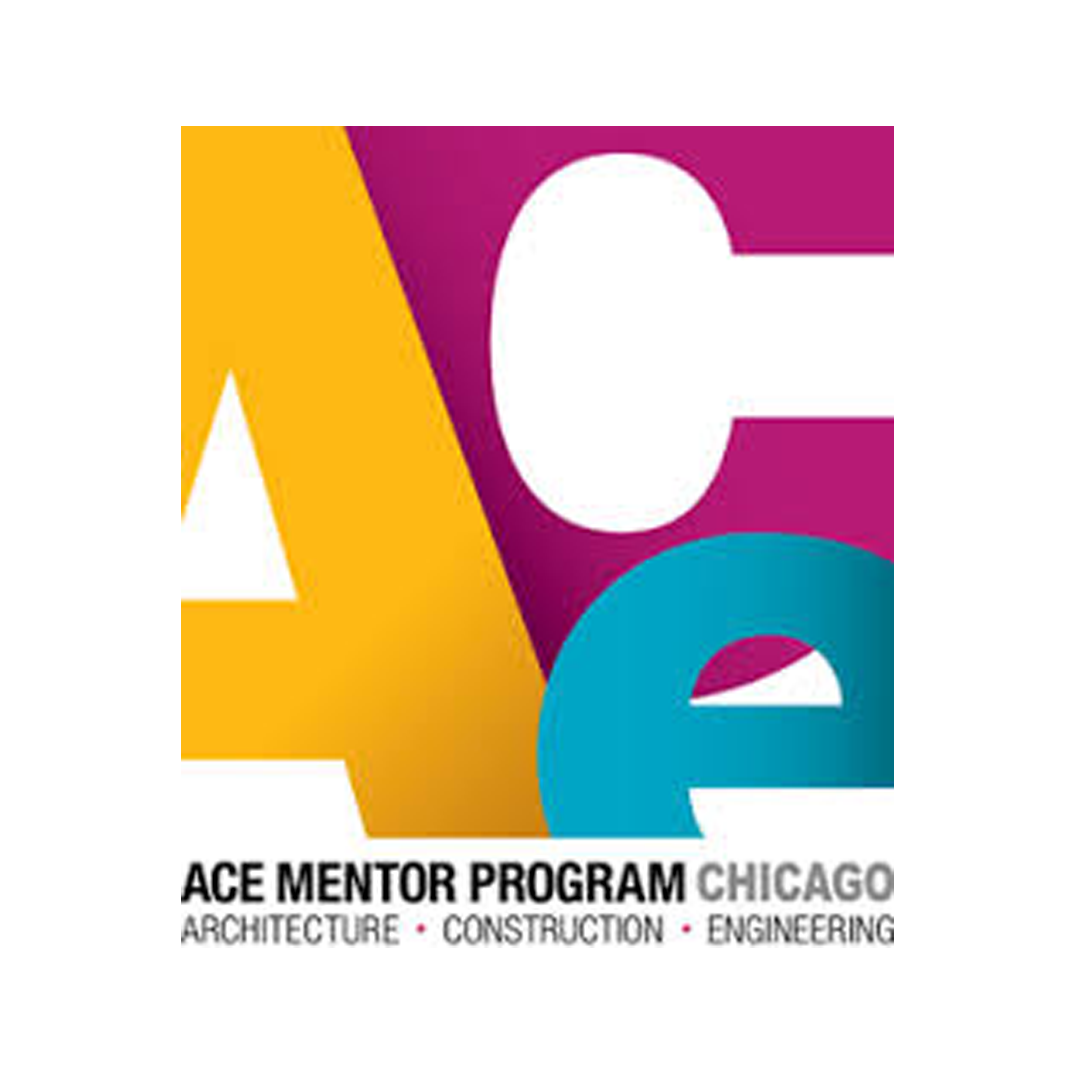 Colorful logo for ACE Mentor Program Chicago with text highlighting architecture, construction, and engineering.