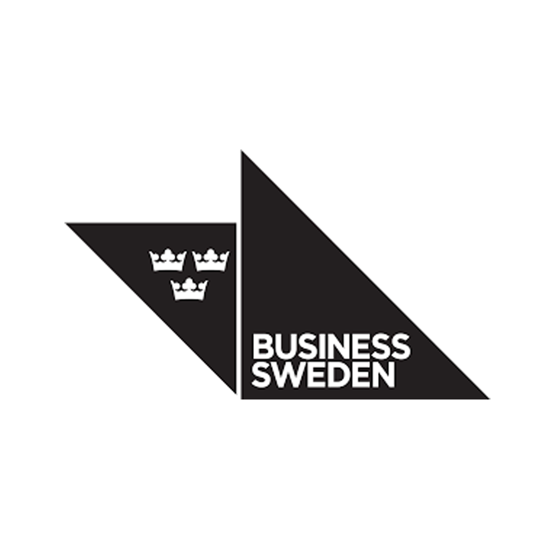 Black and white logo with a triangle and a flag with three crowns, and text reading "Business Sweden."