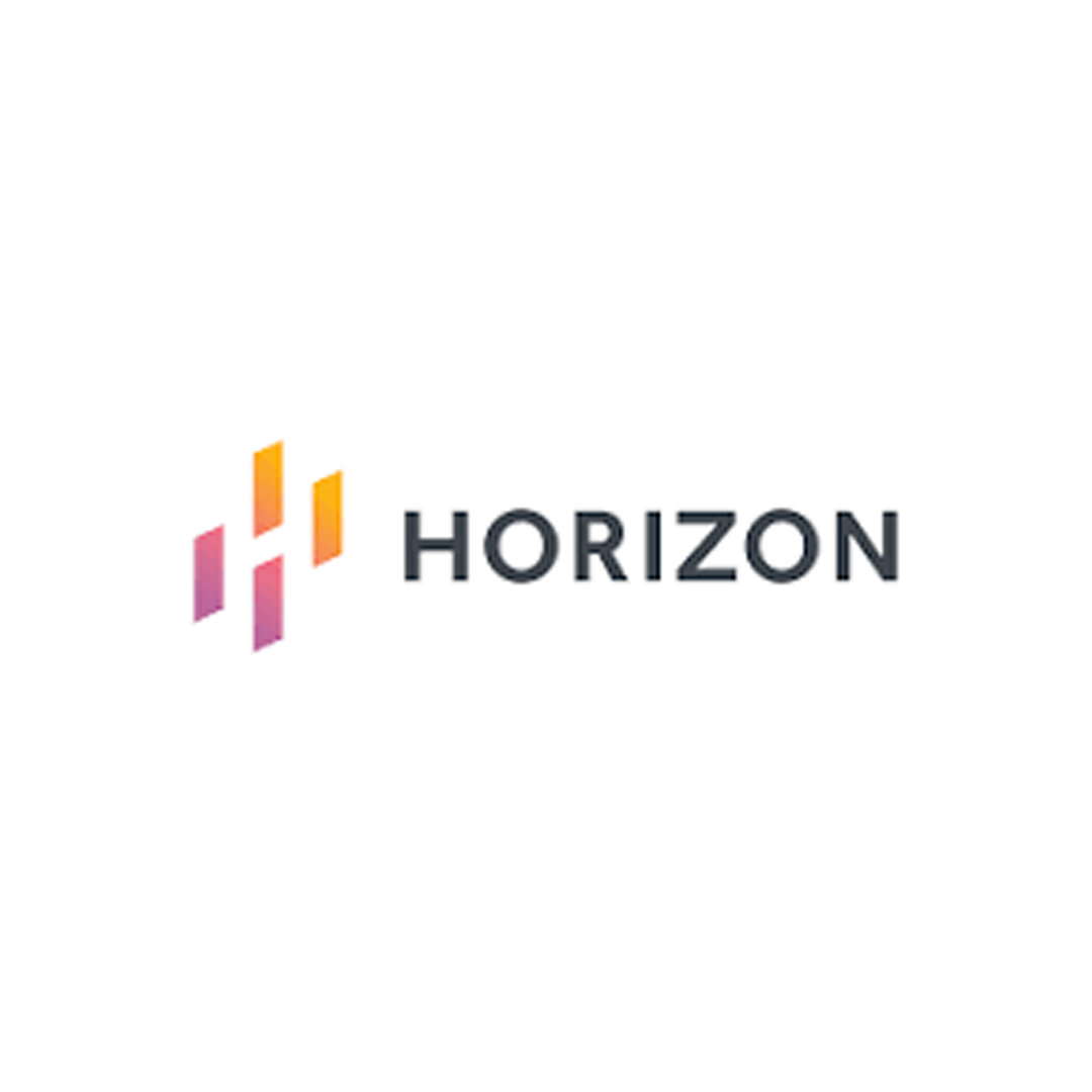 Horizon logo with a series of colorful, vertical, stylized bars in shades of pink, orange, and purple, and the word 'HORIZON' in black capital letters.
