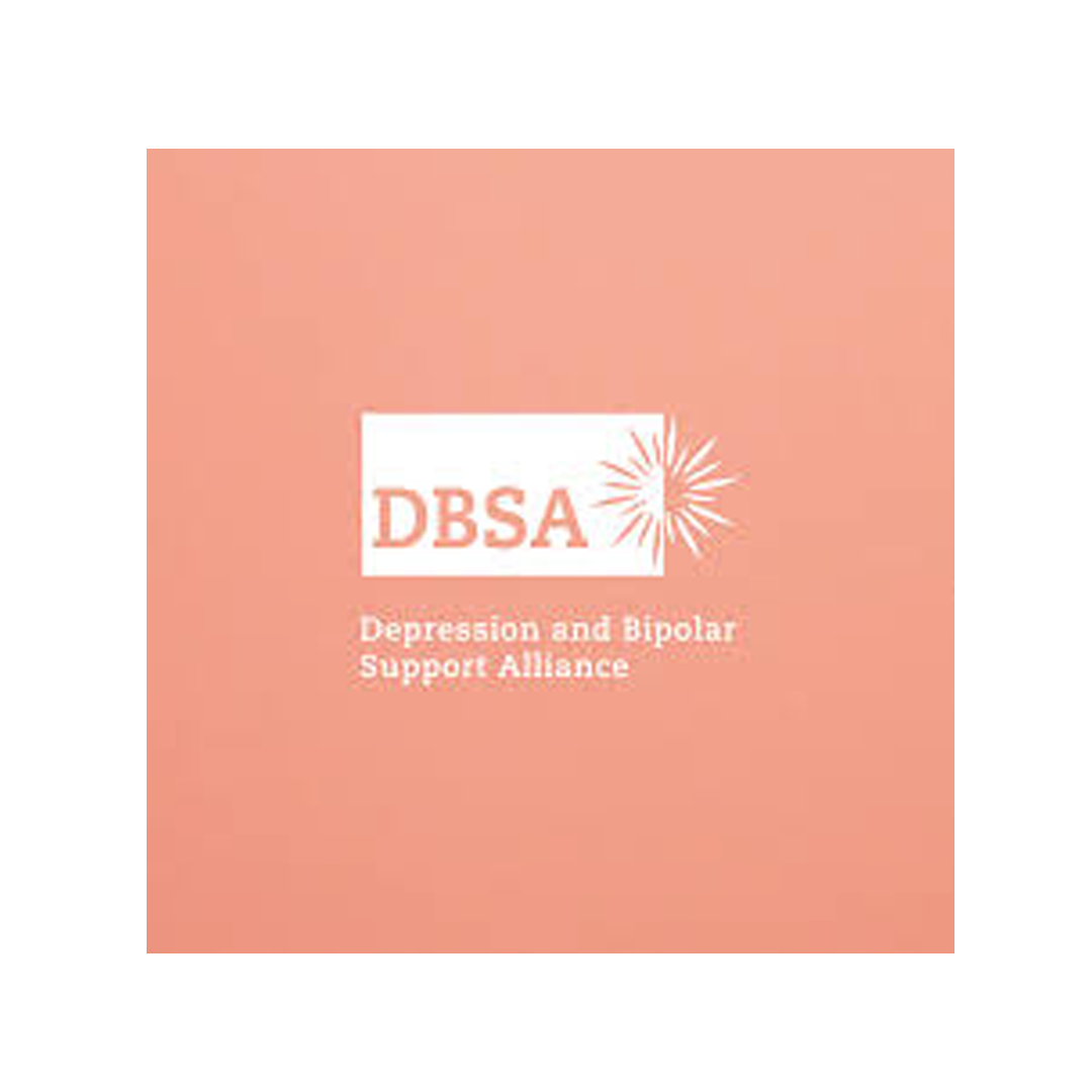 Pink square logo for Depression and Bipolar Support Alliance with white text and a radiating starburst graphic.