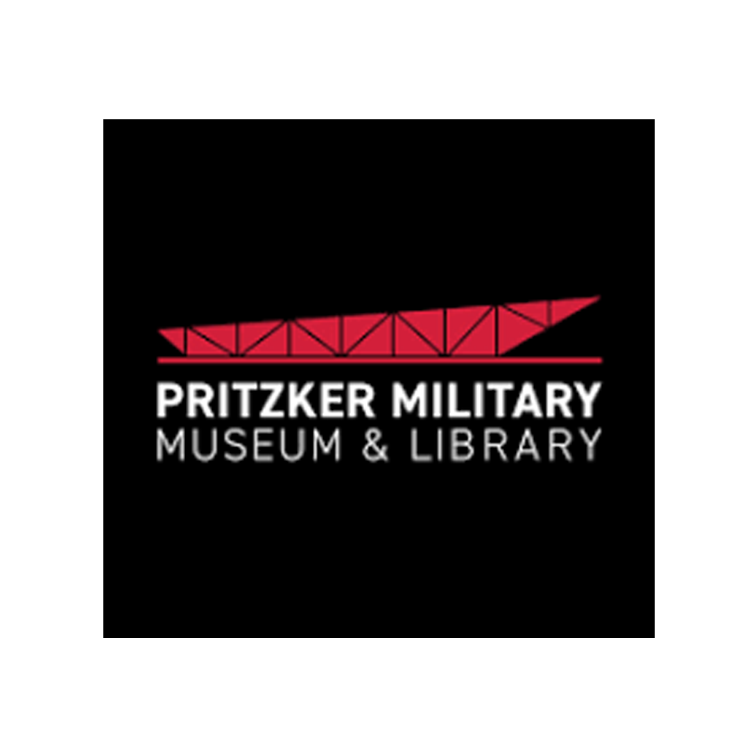 Logo of Pritzker Military Museum & Library featuring a red stylized bridge and white text on a black background.