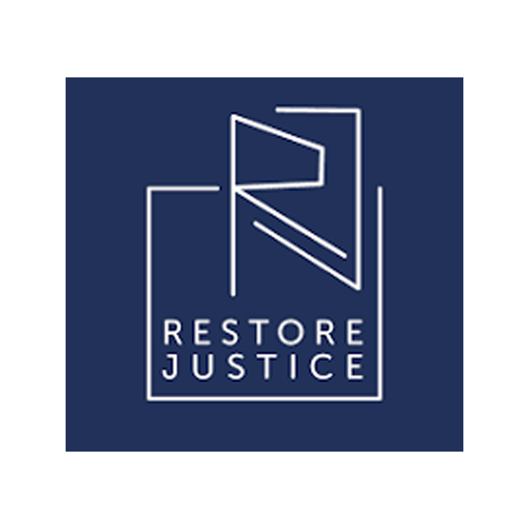 Logo with a dark blue background, white outlined geometric design, and the words 'Restore Justice' in white text.